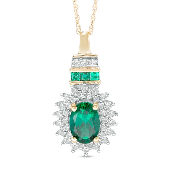 Oval Lab-Created Emerald and White Sapphire Sunburst Frame Pendant in 10K Gold