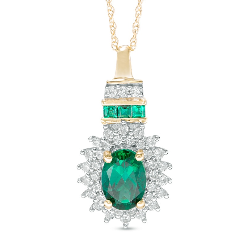 Oval Lab-Created Emerald and White Sapphire Sunburst Frame Pendant in 10K Gold|Peoples Jewellers