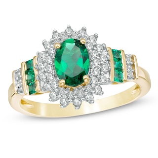 Oval Lab-Created Emerald and White Sapphire Sunburst Frame Ring in 10K Gold