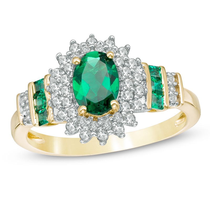 Oval Lab-Created Emerald and White Sapphire Sunburst Frame Ring in 10K Gold|Peoples Jewellers
