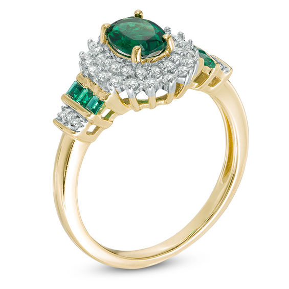 Oval Lab-Created Emerald and White Sapphire Sunburst Frame Ring in 10K Gold