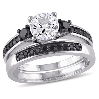 6.5mm Lab-Created White Sapphire and 0.42 CT. T.W. Black Diamond Three Stone Bridal Set in Sterling Silver