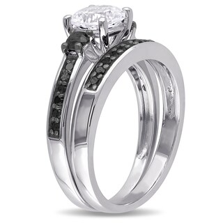 6.5mm Lab-Created White Sapphire and 0.42 CT. T.W. Black Diamond Three Stone Bridal Set in Sterling Silver