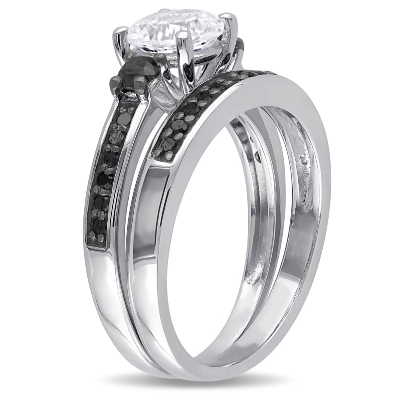 6.5mm Lab-Created White Sapphire and 0.42 CT. T.W. Black Diamond Three Stone Bridal Set in Sterling Silver|Peoples Jewellers