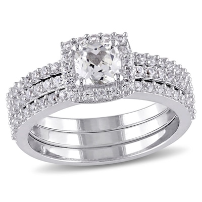 Cushion-Cut Lab-Created White Sapphire Frame Three Piece Bridal Set in Sterling Silver