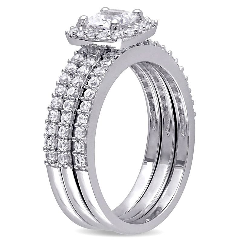 Cushion-Cut Lab-Created White Sapphire Frame Three Piece Bridal Set in Sterling Silver|Peoples Jewellers