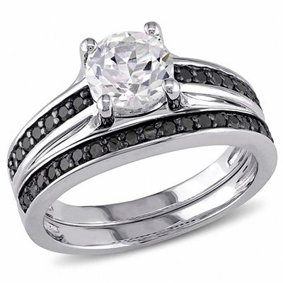 Lab-Created White Sapphire and 0.33 CT. T.W. Black Diamond Bridal Set in Sterling Silver