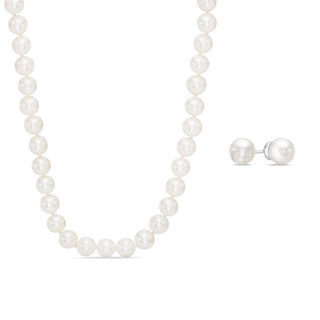 Vera Wang Love Collection Akoya Cultured Pearl and 0.15 CT. T.W. Diamond Necklace and Earrings Set in 14K White Gold