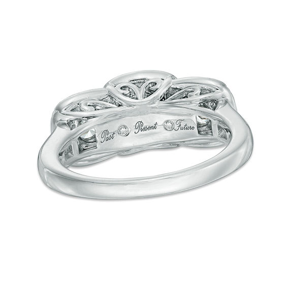 0.95 CT. T.W. Diamond Cushion Frame Past Present Future® Engagement Ring in 14K White Gold