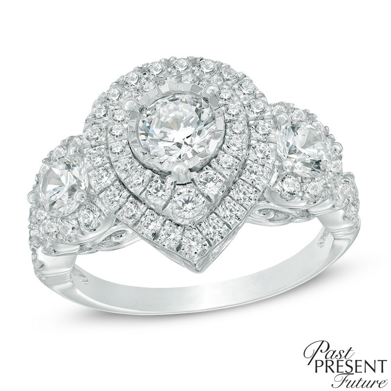 2.05 CT. T.W. Diamond Double Pear-Shaped Frame Past Present Future® Engagement Ring in 14K White Gold