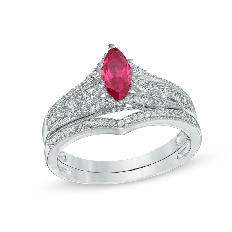 Marquise Lab-Created Ruby and 0.18 CT. T.W. Diamond Vintage-Style Bridal Set in 10K White Gold|Peoples Jewellers