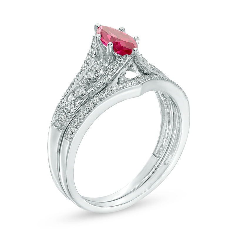 Marquise Lab-Created Ruby and 0.18 CT. T.W. Diamond Vintage-Style Bridal Set in 10K White Gold|Peoples Jewellers