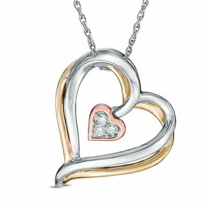 Diamond Accent Tilted Triple Heart Pendant in 10K Tri-Tone Gold