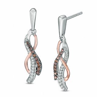 0.23 CT. T.W. Enhanced Champagne and White Diamond Layered Crossover Drop Earrings in 10K Two-Tone Gold