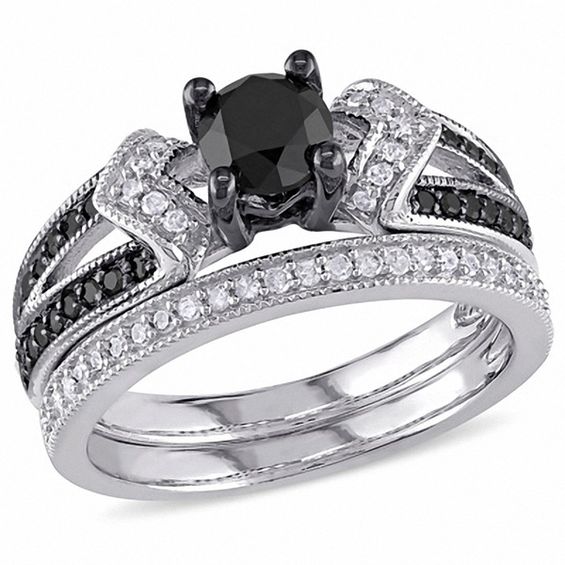 1.12 CT. T.W. Enhanced Black and White Diamond Collar Split Shank Bridal Set in Sterling Silver