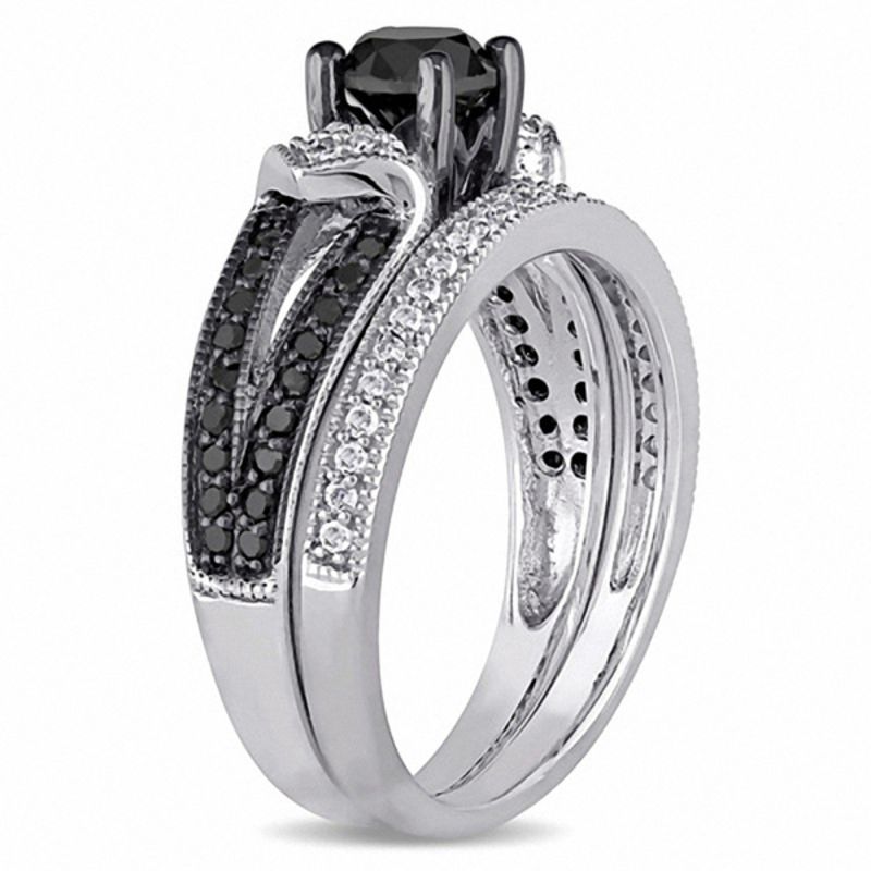 1.12 CT. T.W. Enhanced Black and White Diamond Collar Split Shank Bridal Set in Sterling Silver|Peoples Jewellers