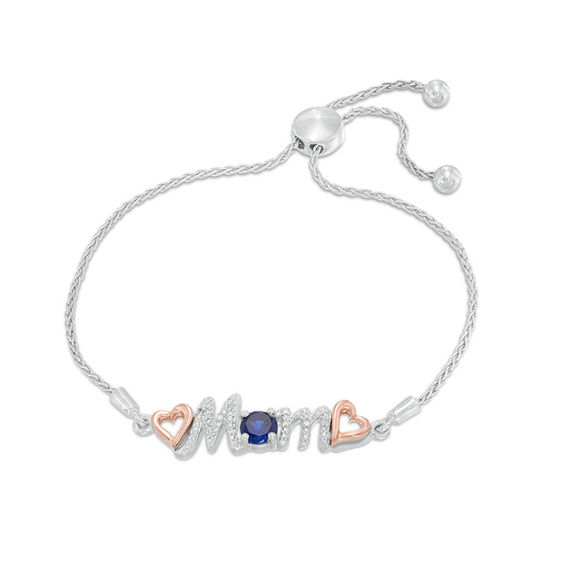 5.0mm Lab-Created Blue Sapphire and Diamond Accent "Mom" Bolo Bracelet in Sterling Silver and 10K Rose Gold - 9.5"