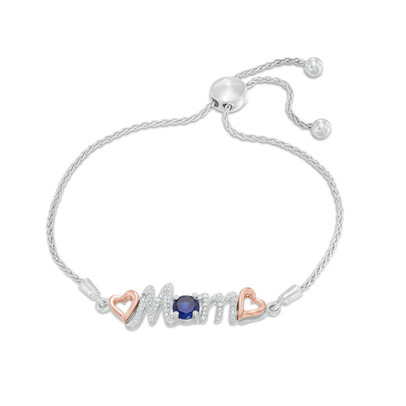 5.0mm Lab-Created Blue Sapphire and Diamond Accent "Mom" Bolo Bracelet in Sterling Silver and 10K Rose Gold - 9.5"|Peoples Jewellers