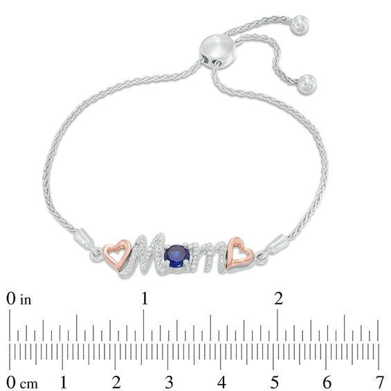 5.0mm Lab-Created Blue Sapphire and Diamond Accent "Mom" Bolo Bracelet in Sterling Silver and 10K Rose Gold - 9.5"