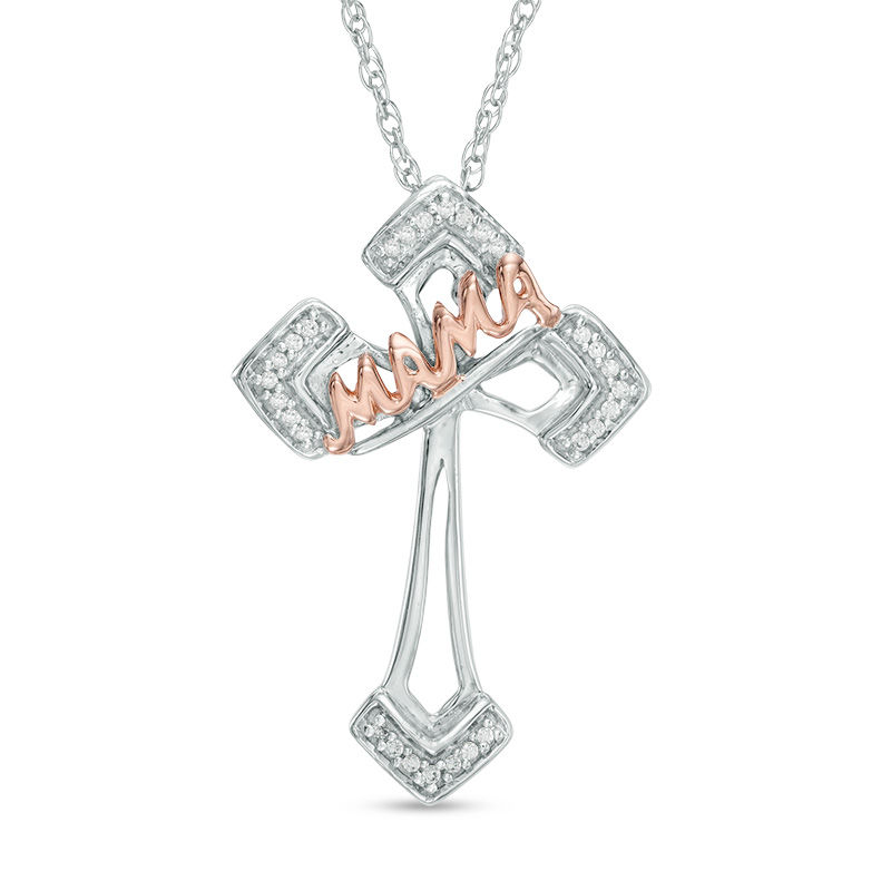 Diamond Accent "MAMA" Cross Pendant in Sterling Silver and 10K Rose Gold|Peoples Jewellers