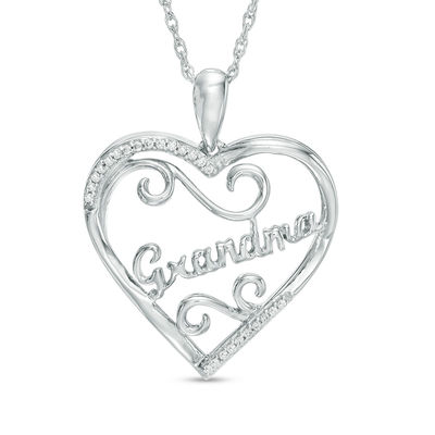 Diamond Accent Heart Filigree "Grandma" Pendant in Sterling Silver