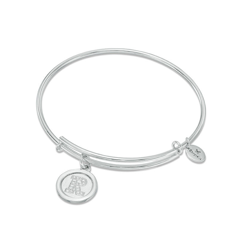 Chrysalis Cubic Zirconia "R" Initial Charm Adjustable Bangle in White Brass|Peoples Jewellers