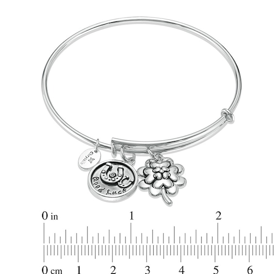 Chrysalis Cubic Zirconia "Good Luck" Charms Adjustable Bangle in White Brass