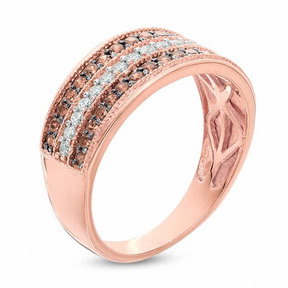 0.45 CT. T.W. Champagne and White Diamond Three Row Band in 10K Rose Gold