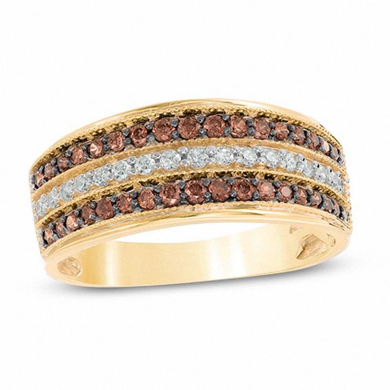 0.45 CT. T.W. Champagne and White Diamond Three Row Band in 10K Gold