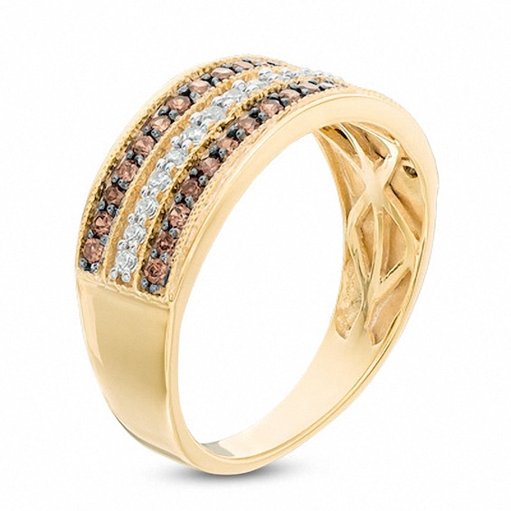 0.45 CT. T.W. Champagne and White Diamond Three Row Band in 10K Gold