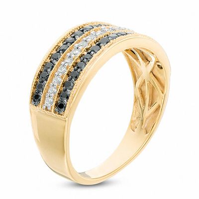 0.45 CT. T.W. Enhanced Black and White Diamond Three Row Band in 10K Gold