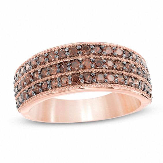 0.95 CT. T.W. Champagne Diamond Three Row Ring in 10K Rose Gold