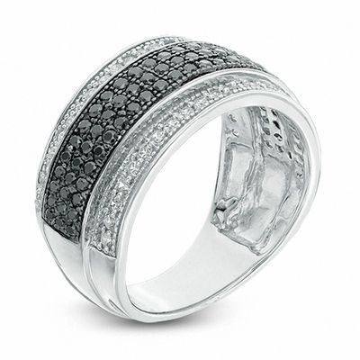 0.70 CT. T.W. Enhanced Black and White Diamond Multi-Row Slant Band in 10K White Gold