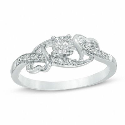 0.09 CT. T.W. Diamond Double Hearts Promise Ring in 10K White Gold