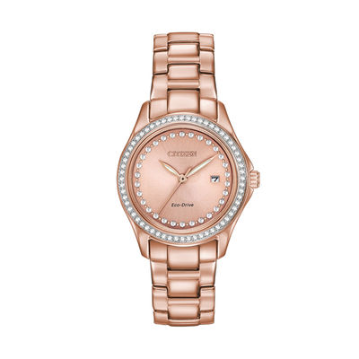 Ladies' Exclusive Citizen Eco-Drive® Crystal Accent Rose-Tone Watch (Model: FE1143-88Q)