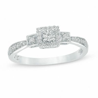 0.11 CT. T.W. Diamond Square Frame Three Stone Promise Ring in 10K White Gold