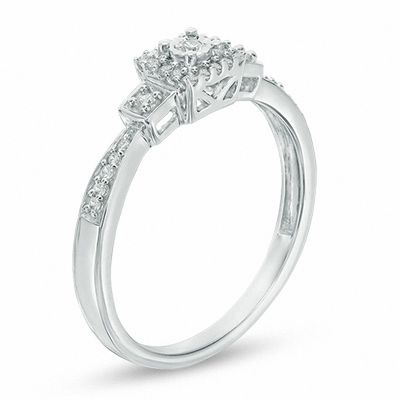 0.11 CT. T.W. Diamond Square Frame Three Stone Promise Ring in 10K White Gold