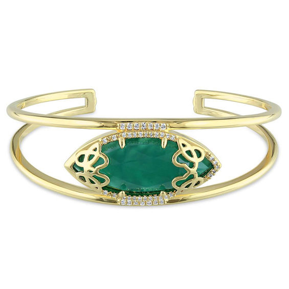 Julianna B™ Green Chalcedony and 0.28 CT. T.W. Diamond Cursive "JB" Cuff in Sterling Silver with 18K Gold Plate