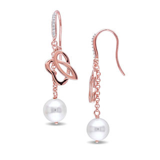 Julianna B™ Cultured Freshwater Pearl and Diamond Drop Earrings in Sterling Silver with 18K Rose Gold Plate