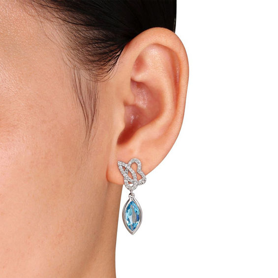 Julianna B™ Marquise Swiss Blue Topaz and 0.21 CT. T.W. Diamond Cursive "JB" Drop Earrings in 14K White Gold