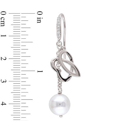 Julianna B™ 9.0-9.5mm Freshwater Cultured Pearl and Diamond Cursive "JB" Drop Earrings in Sterling Silver