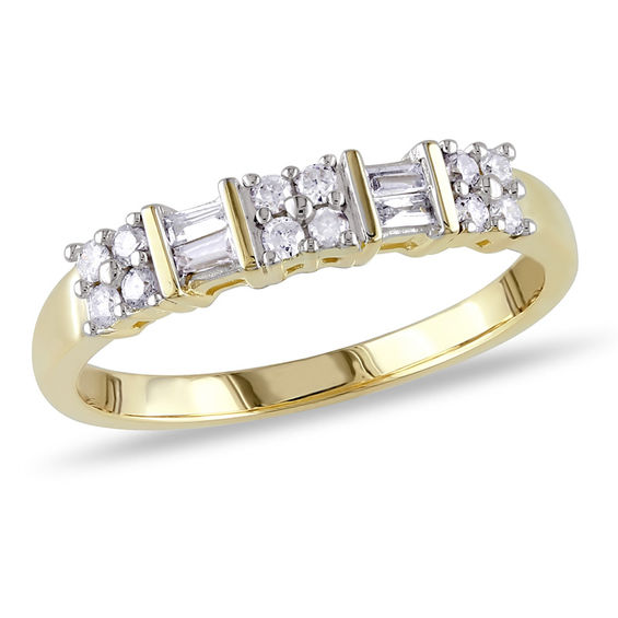 0.26 CT. T.W. Baguette and Round Diamond Alternating Two Row Anniversary Band in 10K Gold