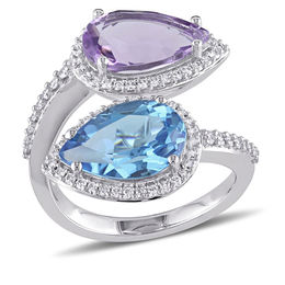 Julianna B™ Pear-Shaped Swiss Blue Topaz, Amethyst and 0.47 CT. T.W. Diamond Frame Bypass Ring in 14K White Gold