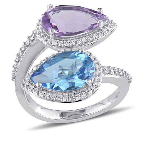 Julianna B™ Pear-Shaped Swiss Blue Topaz, Amethyst and 0.47 CT. T.W. Diamond Frame Bypass Ring in 14K White Gold