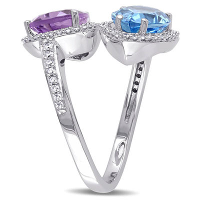 Julianna B™ Pear-Shaped Swiss Blue Topaz, Amethyst and 0.47 CT. T.W. Diamond Frame Bypass Ring in 14K White Gold