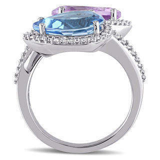 Julianna B™ Pear-Shaped Swiss Blue Topaz, Amethyst and 0.47 CT. T.W. Diamond Frame Bypass Ring in 14K White Gold