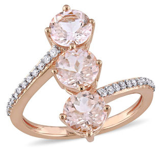 Julianna B™ 6.0mm Morganite and 0.14 CT. T.W. Diamond Linear Three Stone Bypass Ring in 14K Rose Gold