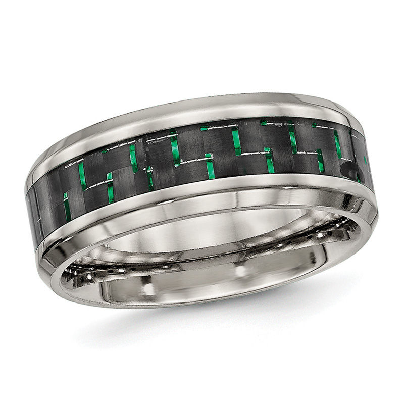 Men's 8.0mm Two-Tone Carbon Fibre Inlay Bevelled Edge Wedding Band in Titanium|Peoples Jewellers