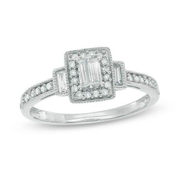 0.28 CT. T.W. Composite Baguette Diamond Rectangle Frame Engagement Ring in 10K White Gold