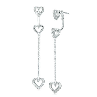 0.12 CT. T.W. Diamond Three Heart Front/Back Earrings in Sterling Silver